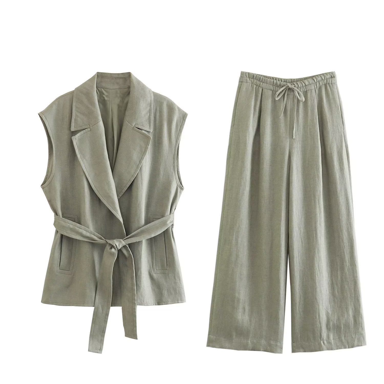 637g Weight Sleeveless Sleeve Length Linen Fabric Type Pants Sets Sets Type 2 Pieces Set Quantity Daily, Street Occasion Turndown Neckline Regular Fit Fit Type Solid Color Pattern Summer, Spring Season Women's Gender Streetwear Style Daily Street Women's Streetwear Solid Color Linen Pants Sets Pants Sets 无