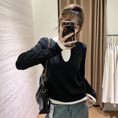 春不晚 25年秋季新款修身显瘦假两件U领设计感打底长袖T恤上衣女