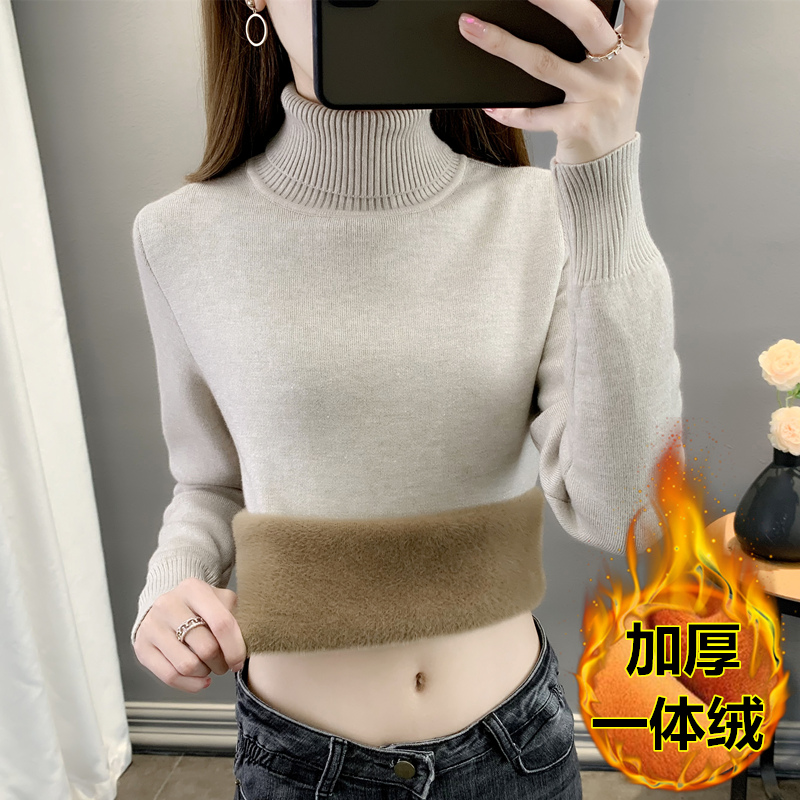 Suéter grueso forrado de vellón para mujer 2023 Otoño e Invierno Nuevo suéter de terciopelo de una pieza suéter de camisa de fondo delgado de manga larga para mujer image 10