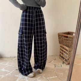 加绒格子裤 2025冬季新款 复古高腰抽绳工装裤女阔腿休闲长裤