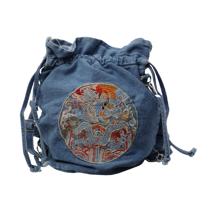 2024 nueva mochila bordada de estilo chino bolso de hombro de mezclilla casual transfronterizo bolso de mensajero personalizado bolso de cubo