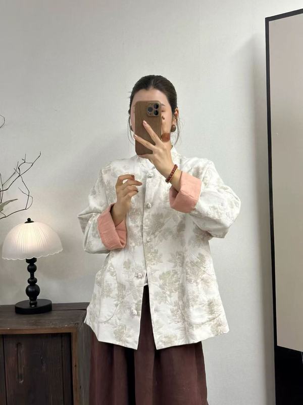 秋装新款女装提花亚麻双层外套时尚气质立领手工盘扣国风上衣女|undefined