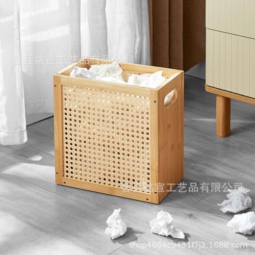 Bamboo and Rattan Woven Dirty Clothes Basket, Large Capacity with Handle, Storage Basket for Home Bedroom, Wooden Household Trash Bin