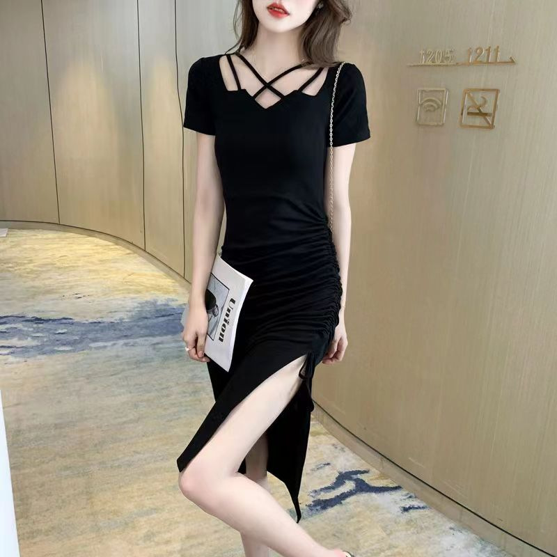 跨境设计感纯欲性感夜店吊带挂脖开叉包臀褶皱夏季修身显瘦连衣裙