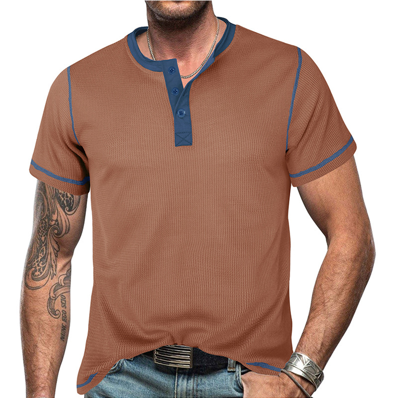 Herren 2023 Sommer Kurzarm Henley Shirt Schönes lässiges Retro T-Shirt Waffel Farbblock Rundhalsshirt_voghion.com
