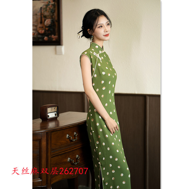 Retro long summer fashionable green cheongsam sleevless