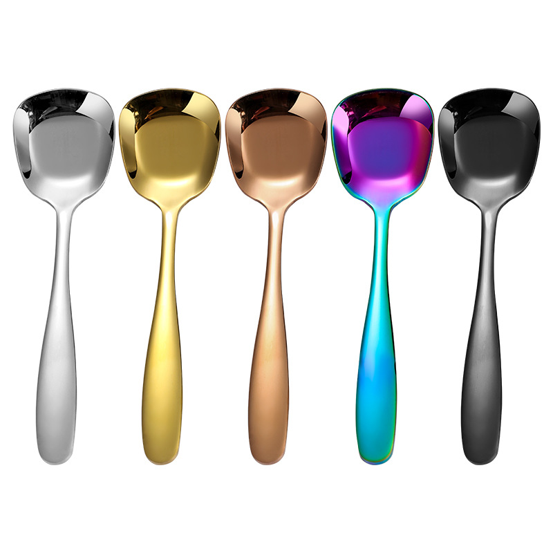 Cuchara plana de acero inoxidable 304 para comer y beber sopa cuchara cuadrada mango largo sopa cuchara espesa lingote pequeña cuchara al por mayor