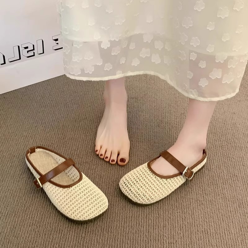French-Style Flat Fishnet Hollow Birkenstock-Style Mule Slippers for Women, Summer 2025 New Slip-On Sandals
