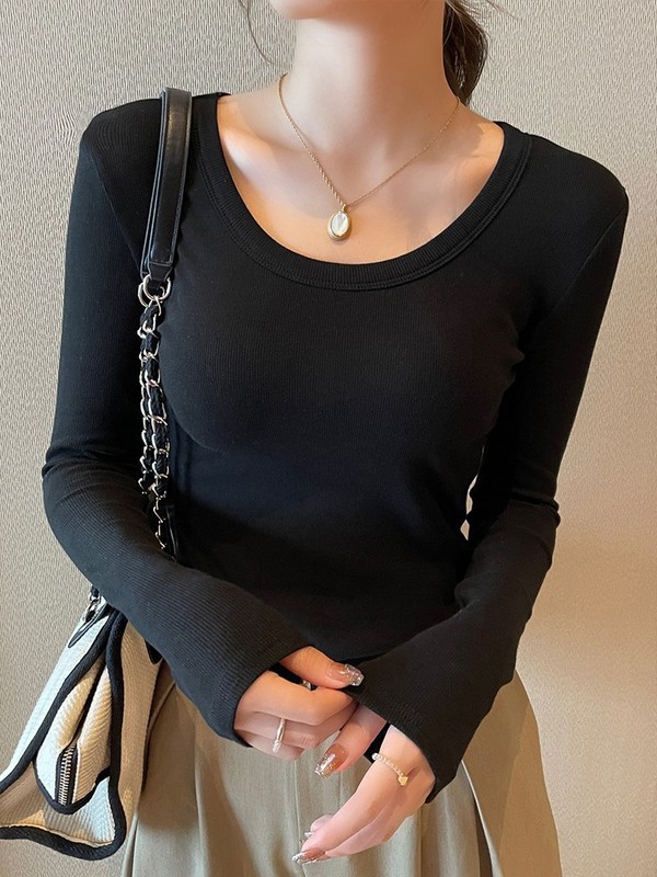 灰色方领正肩打底衫女2025春季新款低领长袖恤内搭开春修身上衣|undefined