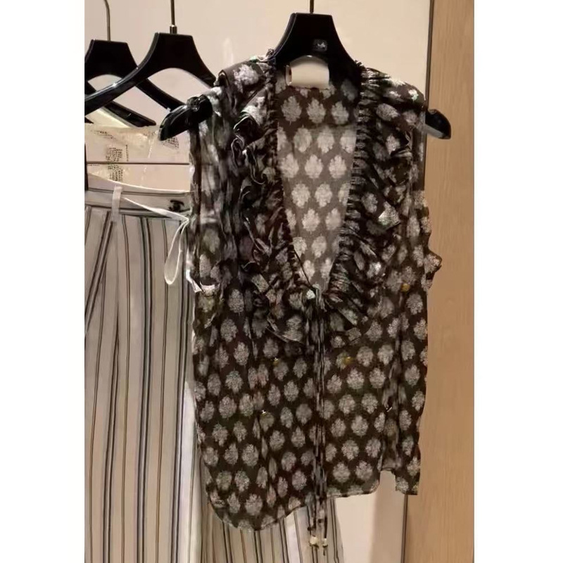 French-Style Chic Top for Women, Summer High-End Beauty with a Youthful Touch, Brown Printed Ruffled V-Neck Sleeveless Shirt