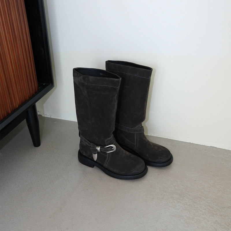 Women's Round-Toe Knight Boots 2025 Autumn/Winter New Vintage Genuine Leather Gray Straight Over-The-Knee Long Boots