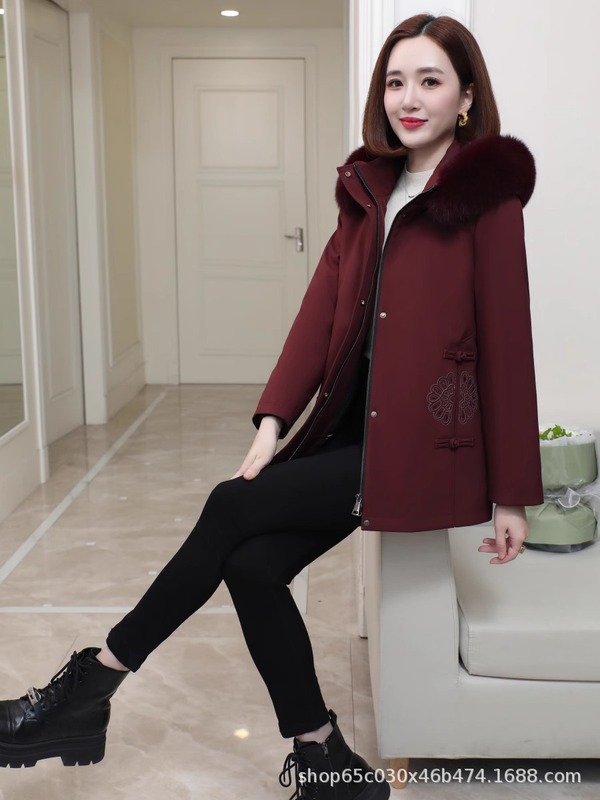 海宁派克服妈妈款尼克服中老年可拆卸獭兔毛内胆皮草外套大衣毛领|undefined