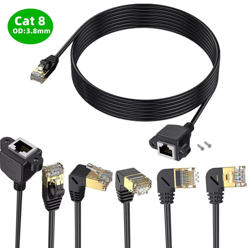 万兆八类RJ45公对母90度带耳朵螺丝可固定电脑交换机网线延长网线