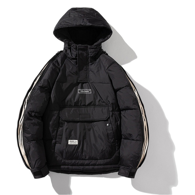 Invierno nuevo estilo cremallera ropa de trabajo abrigo de algodón acolchado de los hombres de moda con capucha abrigo corto de pareja mismo jersey abrigo de algodón acolchado