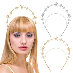 Euro-American Fashion Halo Double-Layer Headband, Hair Band with Sun and Star Design, Baroque-Inlaid Diamond Bridal Runway Performance Accessory