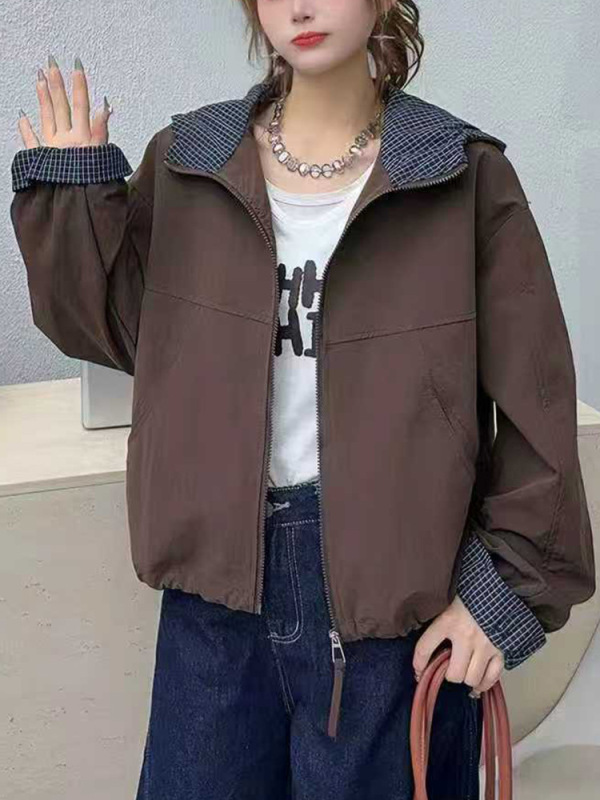 2025春季新款宽松大码连帽长袖工装风外套女 休闲百搭纯色棒球服|undefined