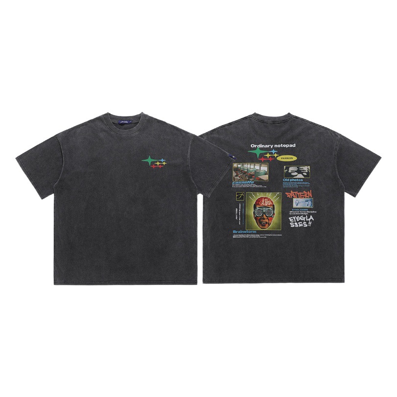 LawFoo primavera y verano marca de moda Nacional Americana Retro lavado viejo grande impreso fuera del hombro versión suelta pareja camiseta moda