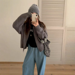 秋冬双拉链软糯毛衣外套女2025新款韩版宽松外穿纯色圆领针织开衫