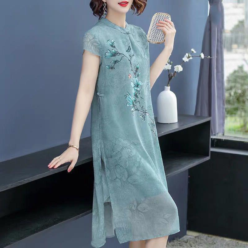 Plus-Size Short-Sleeve Dress for Middle-Aged Women, Stylish New Chinese-Style Cheongsam, Summer Mid-Length Dress for Middle-Aged and Elderly Women Plus-Size Short-Sleeve Dress for Middle-Aged Women, Stylish New Chinese-Style Cheongsam, Summer Mid-Length Dress for Middle-Aged and Elderly Women