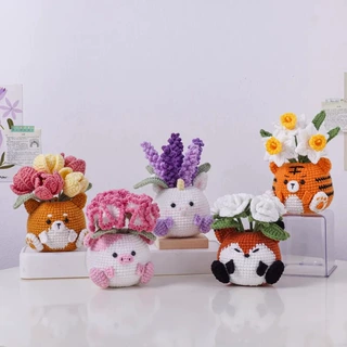 新品手工钩织卡通系列仿真盆栽薰衣草独角兽水仙虎康乃馨猪摆件