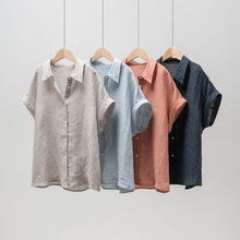 夏季亚麻衬衣女新款日系慵懒风竖条纹短袖衬衫宽松方领上衣小衫