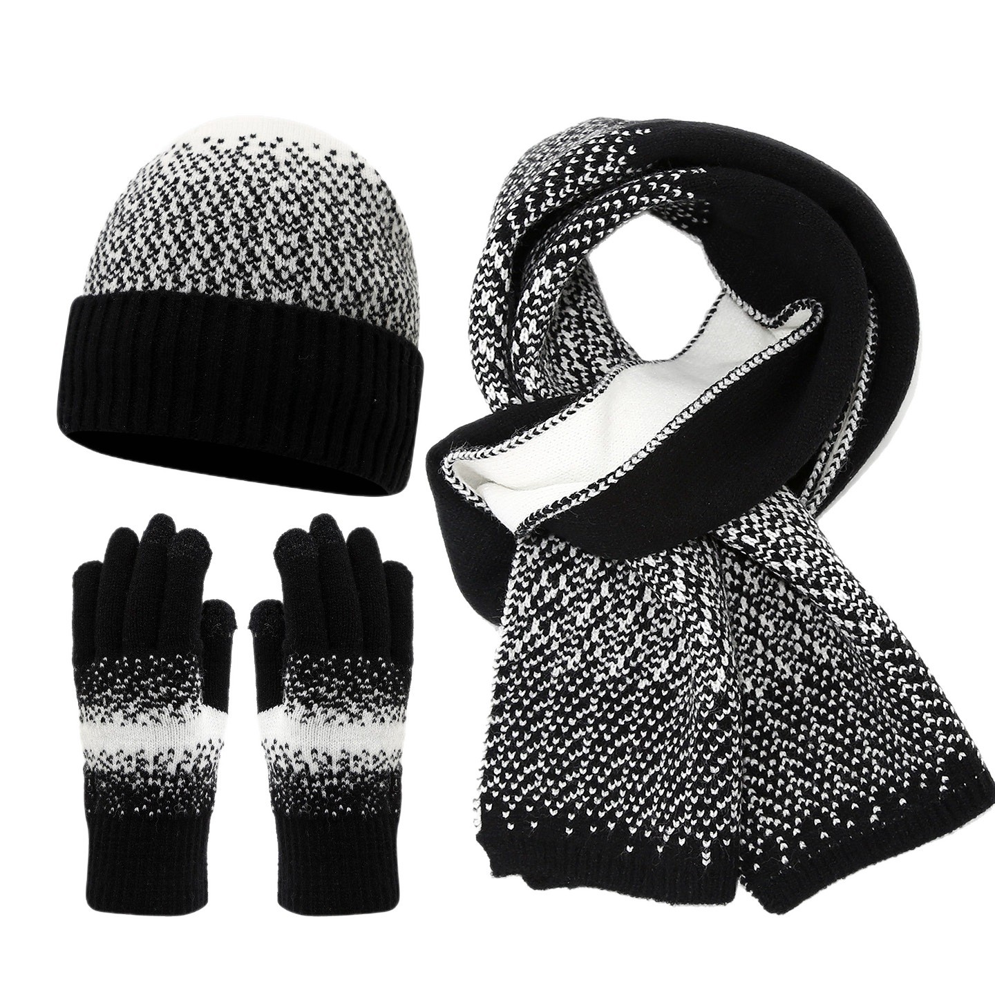 Coreano de color contrastante lana sombrero de punto bufandas guantes de pantalla táctil tres piezas de otoño invierno sombrero de frío para mujeres set de calor