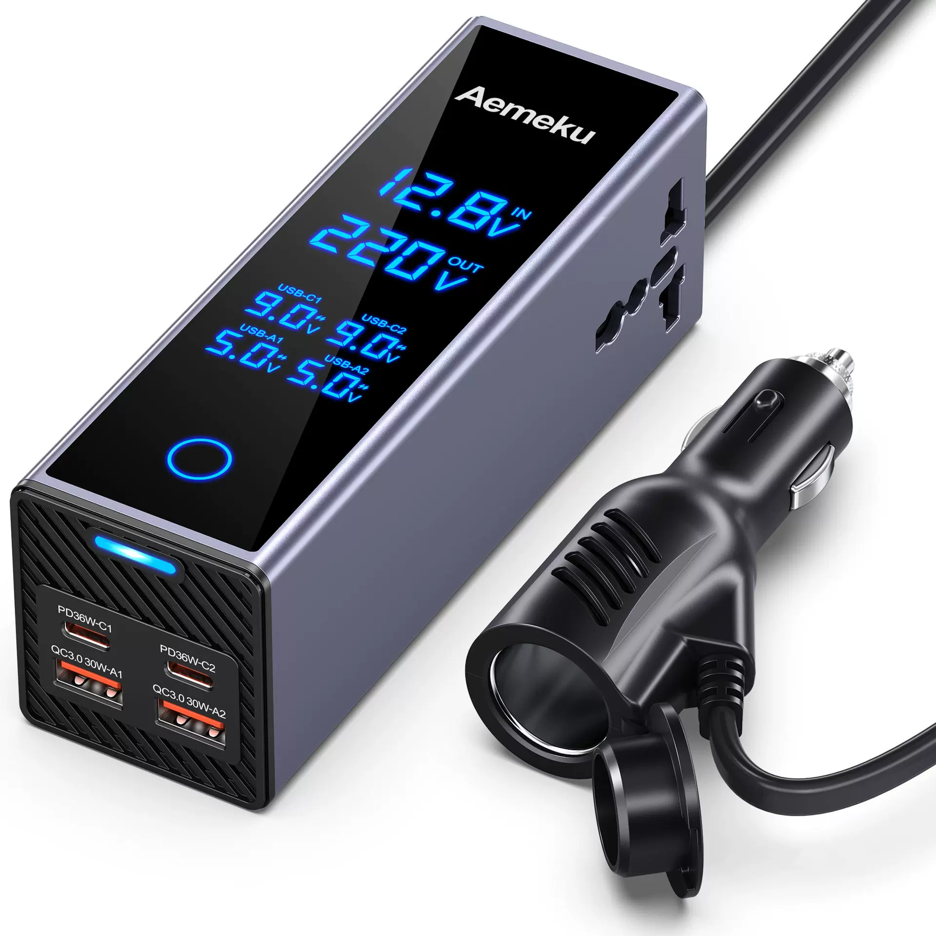 新款热销300W智能触屏多路数显12V/24V转220V车载逆变器多功能电