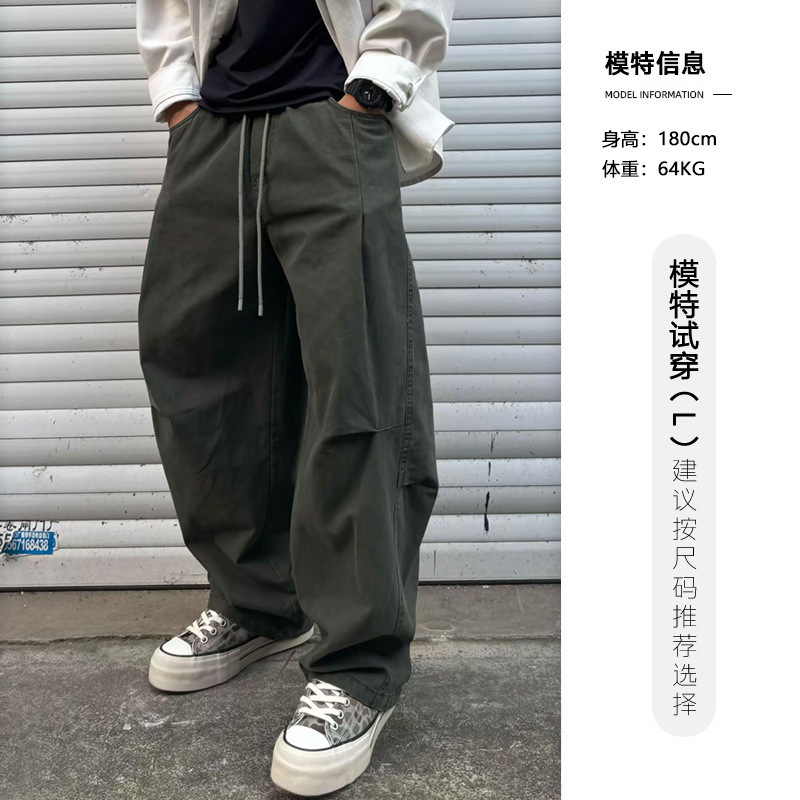 秋季男士长裤水洗加厚休闲手感棉百搭工装弯刀松紧腰直筒裤裤子潮|undefined
