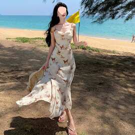 吊带连衣裙女夏季荡领气质收腰不规则蝴蝶印花度假风鱼尾裙图片色