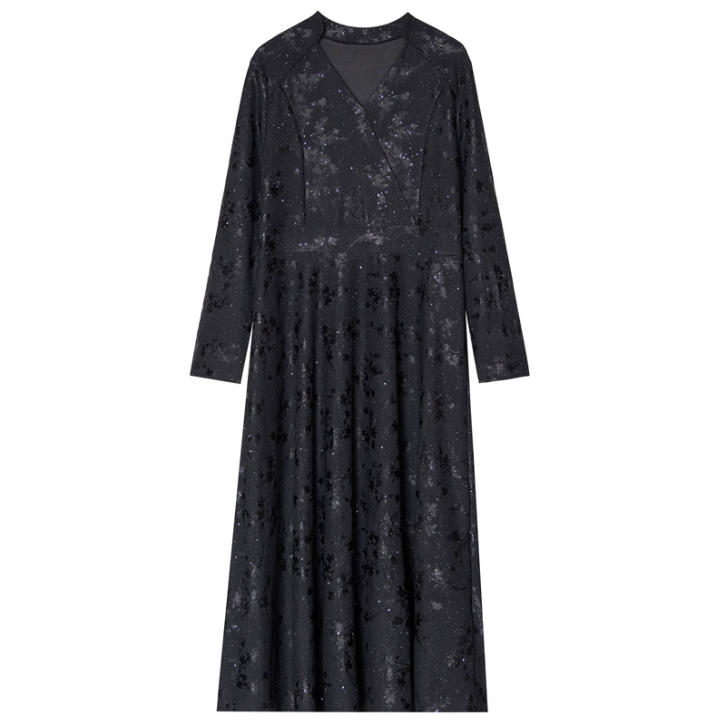 Spring long-sleeve, skirt, plus size, V-neckline, slim fit