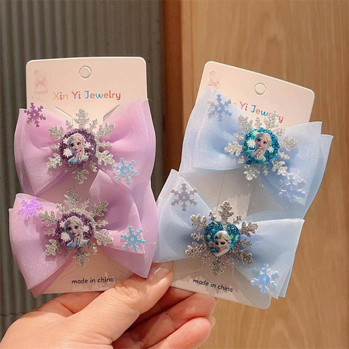 Girls Princess Frozen Hair Clip Elsa Bow Hair Clip Double Layer Mesh Top Clip Girls Suit Hair Accessories