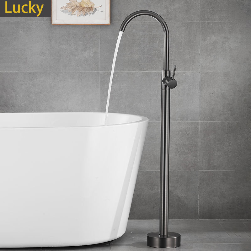 All-copper gun, grey floor-standing bathtub, faucet, independent hot and cold column basin, wooden bucket, shower head, light luxury undefined