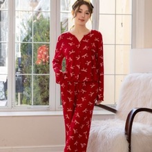 女士睡衣春秋季薄款家居服开衫长袖长裤两件套舒适透气睡衣套装