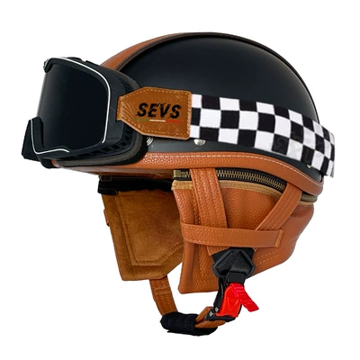 Motosiklet kaskı (dəbilqə) – Handmade Leather Helmet - matte-black-orange-peel-rice-grid-large-frame-goggles-s