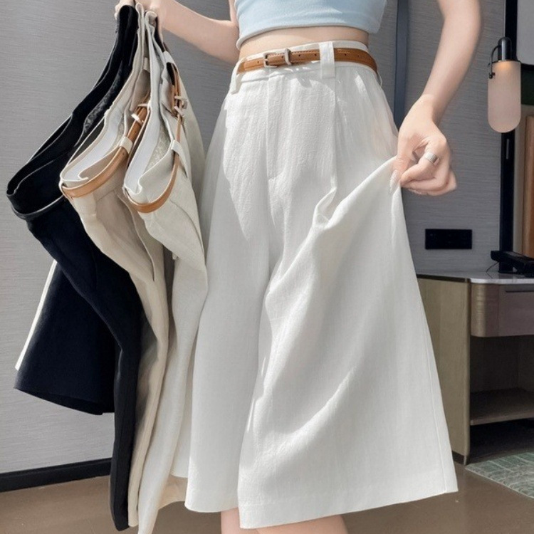 Ice Silk Linen Wide-Leg Shorts for Women, Summer Thin High-Waisted A-Line Suit Pants, Loose Five-Point Mid-Length Pants