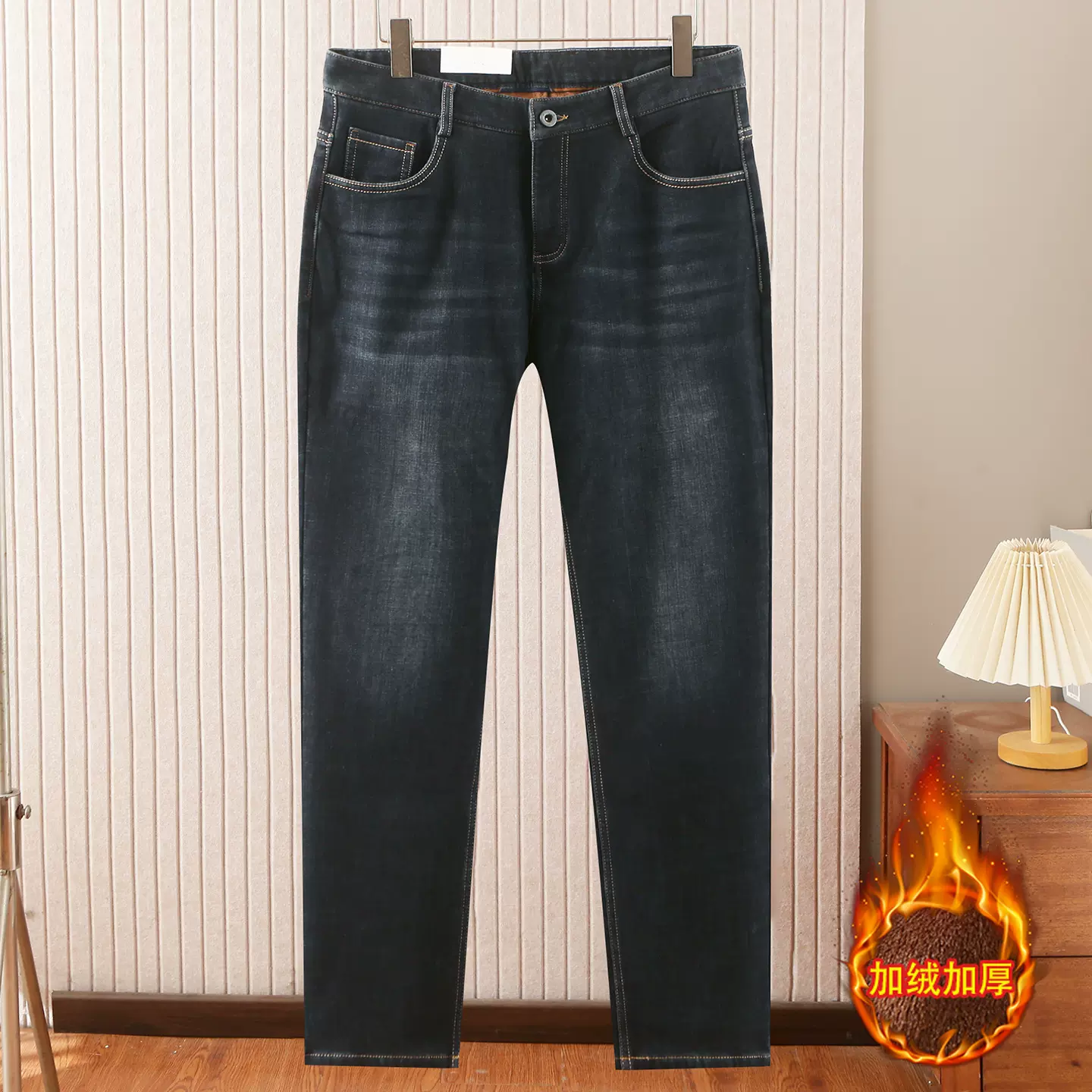 豆撤柜加绒牛仔裤子男冬季加厚保暖五袋中腰直筒休闲长裤男9K112