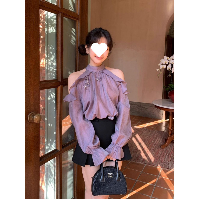 새로운 프렌치 스위트 러플 오프 숄더 쉬폰 셔츠 입체 꽃 홀터넥 긴팔 탑