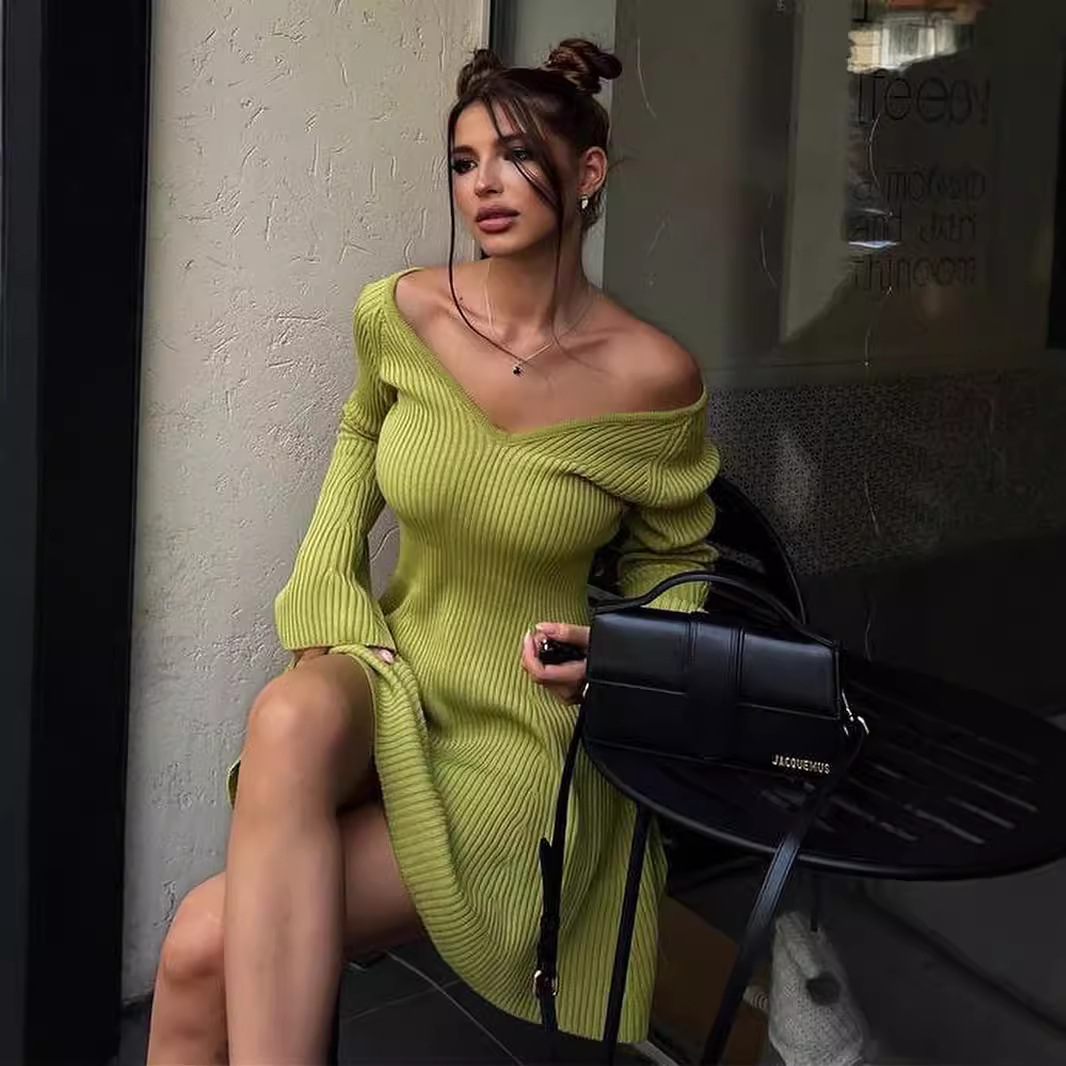 GraceChic Abito in maglia a trapezio con volant, a maniche lunghe, sexy, stile europeo e americano, con scollo a V, autunno inverno_voghion.com