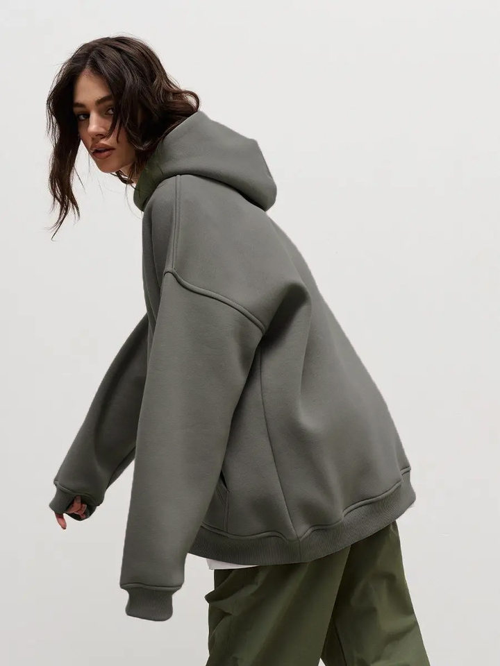 Áo hoodie nỉ lông dáng rộng có mũ và túi, tay dài, dáng unisex — Màu cà phê, Màu hồng, Màu xám, Màu đen chi tiết 64