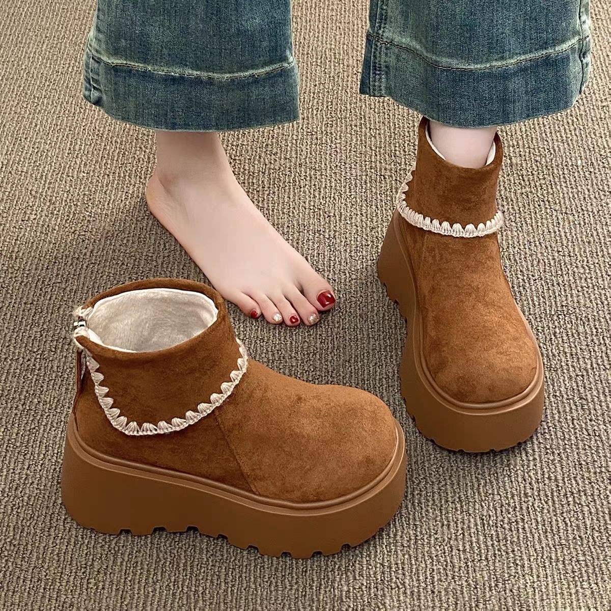 保暖增高厚底雪地靴女款2025新款冬季勃肯加绒加厚棉鞋子女马丁靴