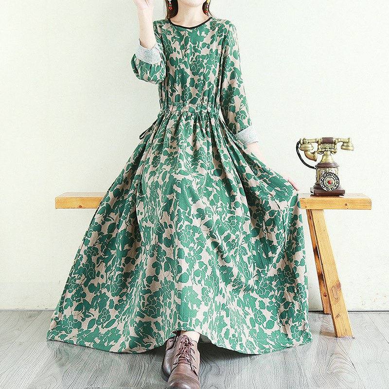 Vintage Artistic Printing dress Autumn Cotton and Linen Base Super Long Skirt Loose Long Sleeve Large Swing Skirt Vintage Artistic Printing dress Autumn Cotton and Linen Base Super Long Skirt Loose Long Sleeve Large Swing Skirt