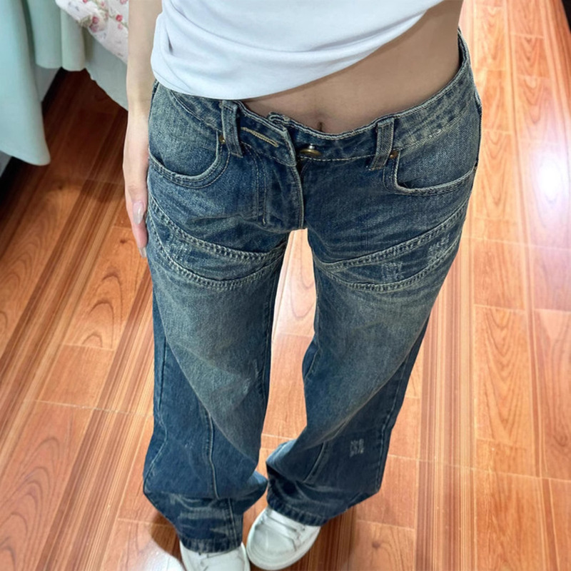 New American Style Retro Stitching Micro-flared Jeans Women's Spring and Autumn New Spice Girls Low Waist All-match Wide Leg Pants