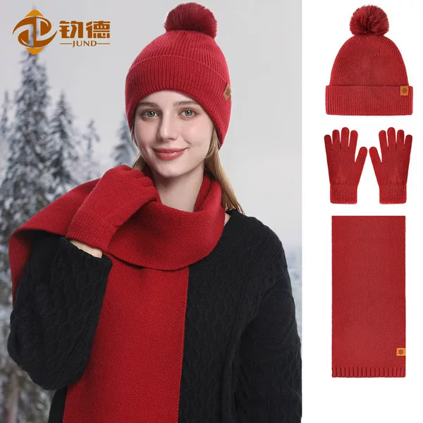 Knitted Hat for Women, Double-Layered Fleece-Lined, Warm Cycling Ear-Protecting Woolen Knitted Hat, Scarf, and Gloves Three-Piece Set, Cute