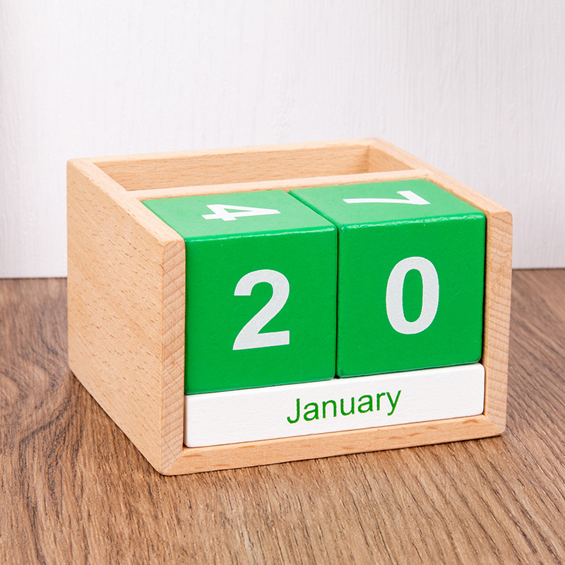 Fábrica de origen adornos de escritorio calendario de madera acompañante regalos de mesa fecha tarjetas de fotos accesorios calendario de mesa de madera