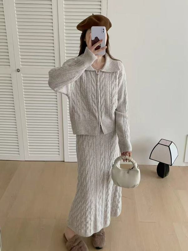 2025年秋冬慵懒松弛感穿搭高级感麻花休闲毛衣套装直筒半裙两件套|undefined
