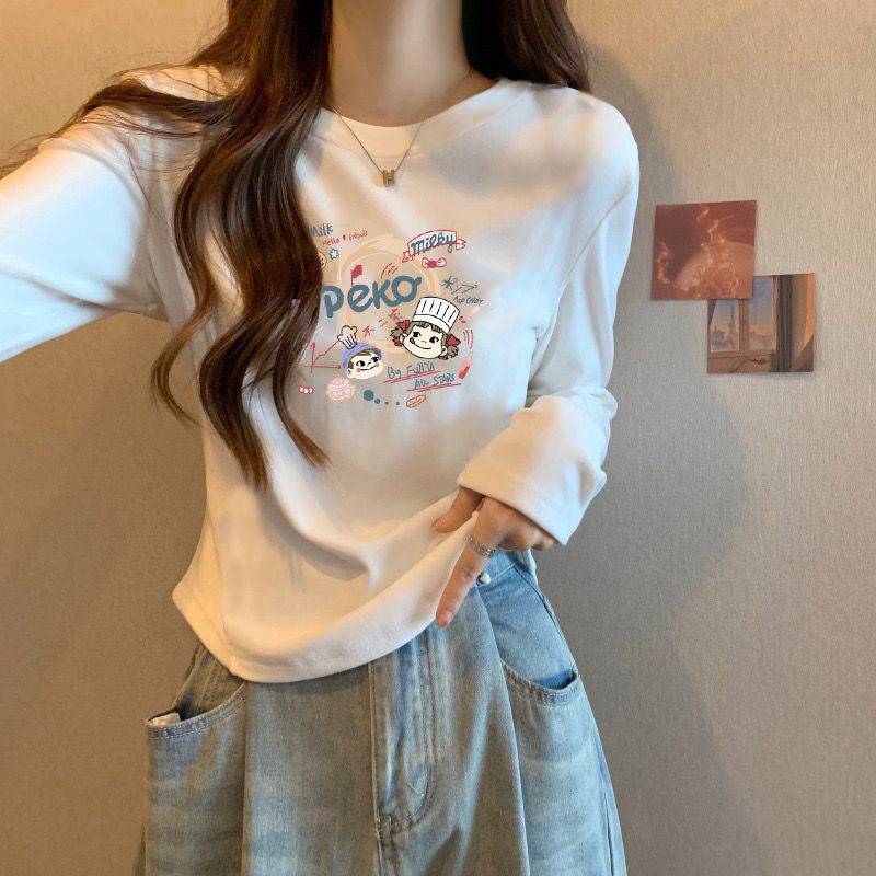 Threaded Cotton Long-sleeved T-shirt Women's Spring and Autumn New All-match Pure Desire Hot Girl Niche Hem Curved Top Base