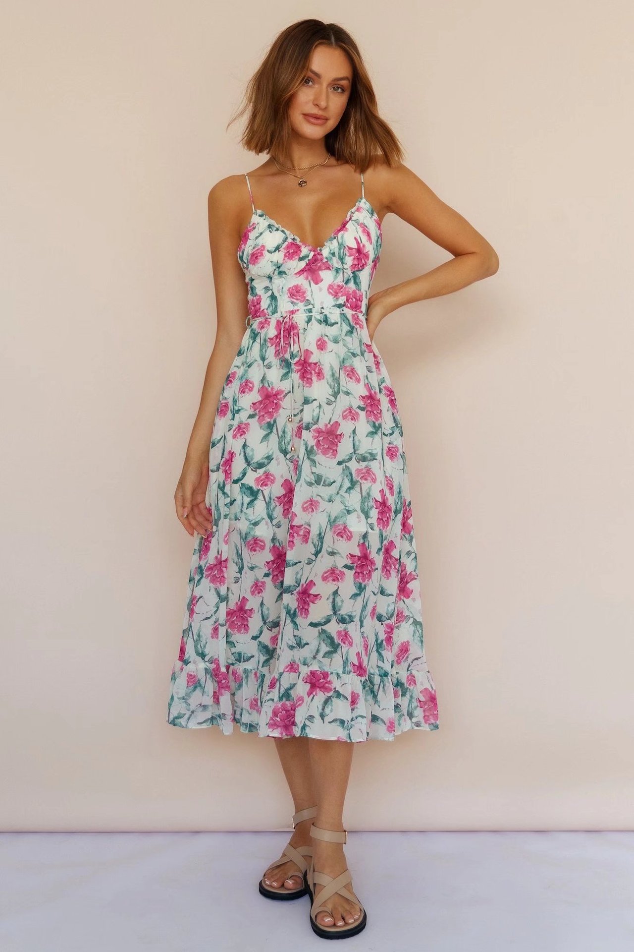 floral print low-cut lace-up sling long dress  NSAM123241