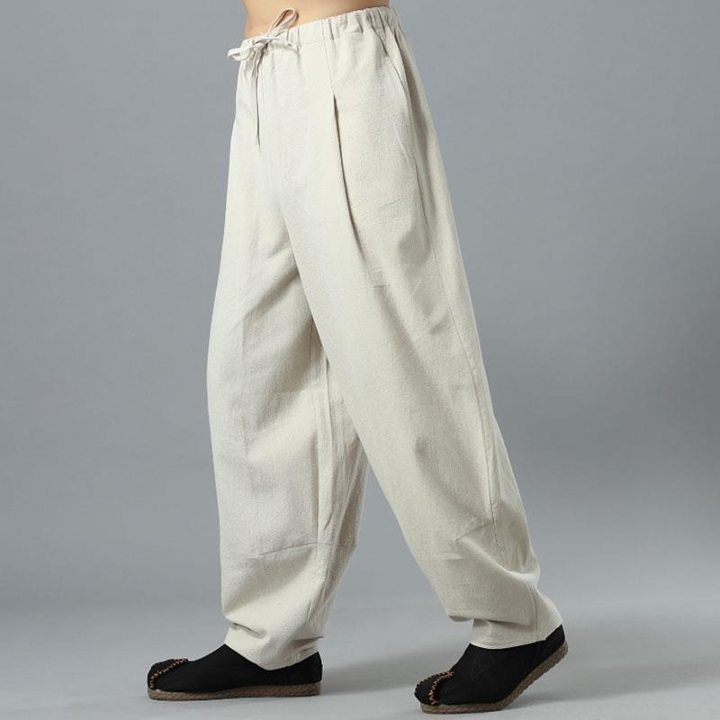 Meditación de verano de algodón y lino para hombres, ropa de lino de estilo étnico chino, pantalones largos de pierna ancha Zen, hombres