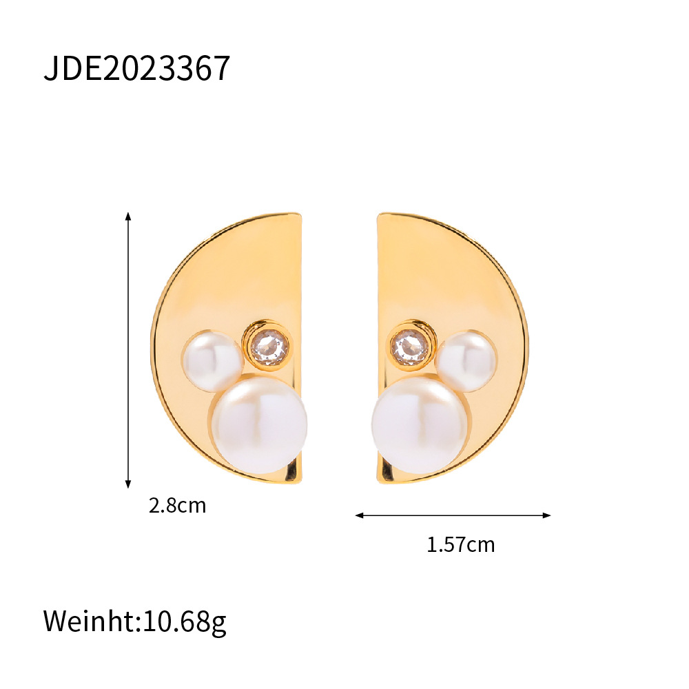 Retro Semicircle Copper Gold Plated Pearl Ear Studs 1 Pair