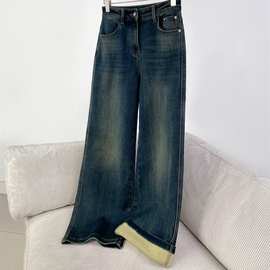 P199299XM 秋季新款一体绒阔腿牛仔裤百搭宽松显瘦休闲长裤